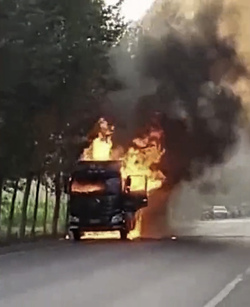Moment Hero Driver Speeds Out Of Town In Burning Lorry
 video available 