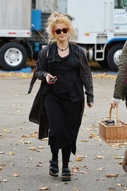 Helena Bonham Carter strikes a pose as she leaving her trailer on the set of Oceans 8 