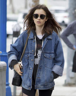 Lily Collins rocks a denim jacket and yoga pants keeping it casual during a breakfast outing in West Hollywood. Lily Collins rocks a denim jacket and yoga pants keeping it casual during a breakfast outing in West Hollywood.