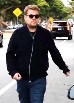 James Corden was spotted in Brentwood climbing into his Aston Martin Rapide sportscar.
