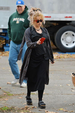 Helena Bonham Carter strikes a pose as she leaving her trailer on the set of Oceans 8 