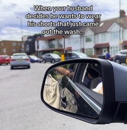 Time strapped Brit leaves drivers cackling hanging SHORTS out car window in quick dry hack