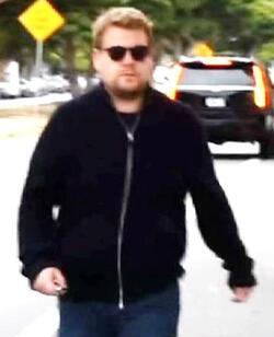 James Corden was spotted in Brentwood climbing into his Aston Martin Rapide sportscar.