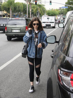 Lily Collins rocks a denim jacket and yoga pants keeping it casual during a breakfast outing in West Hollywood. Lily Collins rocks a denim jacket and yoga pants keeping it casual during a breakfast outing in West Hollywood.