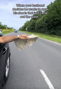 Time strapped Brit leaves drivers cackling hanging SHORTS out car window in quick dry hack