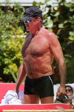 Baywatch actor David Hasselhoff wears tiny black swim trunks as he relaxes with his bikini clad finance Hayley Roberts by the pool in Miami.