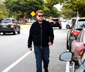 James Corden was spotted in Brentwood climbing into his Aston Martin Rapide sportscar.