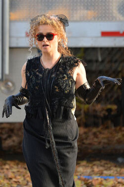 Helena Bonham Carter strikes a pose as she leaving her trailer on the set of Oceans 8 