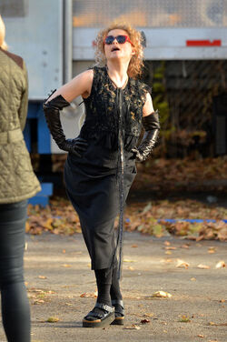 Helena Bonham Carter strikes a pose as she leaving her trailer on the set of Oceans 8 
