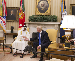 President Donald Trump poses for photographs with Crown Prince Muhammad bin Zayid Al Nuhayyan of Abu Dhabi