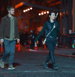 Jessica Henwick and Finn Jones on the set of Iron Fist filming in Soho on DECEMBER 02 2016 in New York City New York