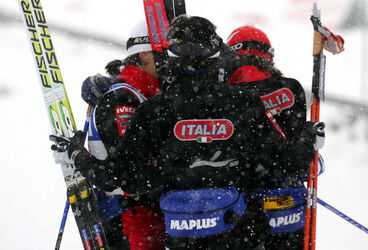 NORDIC SKI CHAMPIONSHIPS OBERSTDORF 2005--Italy's bronze medalist 4x5km relay Confortola,Follis,Paruzzi and Valbusa . Oberstdorf,February,21,2005.