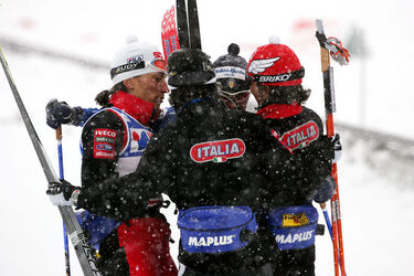 NORDIC SKI CHAMPIONSHIPS OBERSTDORF 2005--Italy's bronze medalist 4x5km relay Confortola,Follis,Paruzzi and Valbusa . Oberstdorf,February,21,2005.