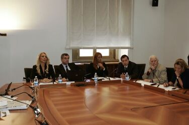 Rome 18th November 2008 Meeting trasporto animali sui treni In the pictures Mauro Moretti Administrator Ferrovie dello Stato and Michela Vittoria Brambilla Sottosegretario al Turismo and Francesca Martini Sottosegretario alla Salute Photo by ©Alessandro M